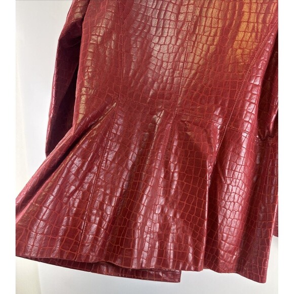 Dialogue Embossed Croc Red Leather Jacket Button Collared V-Neck Womens Medium - Picture 7 of 13